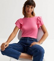 New Look Bright Pink Fine Knit Double Frill Sleeve T-Shirt